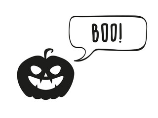 Funny Halloween pumpkin silhouette with a speech bubble with a text Boo! Illustration on transparent background