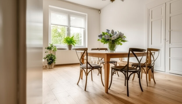 Classic styled wooden dining table with chairs decorated with vase with fresh flowers in spacious light room with white walls and parquet floor. Generative AI