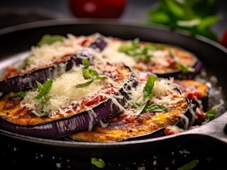 Melanzane alla Parmigiana garnished with basil leaves and freshly grated parmesan cheese on a dining table