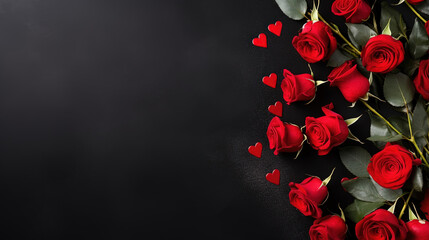 Valentines day border with hearts, gift, red roses on black background with copy space. View from above - obrazy, fototapety, plakaty