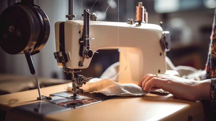 Needle and Thread, A Skilled Female Tailor at Work in a Bright Atelier. Generative AI