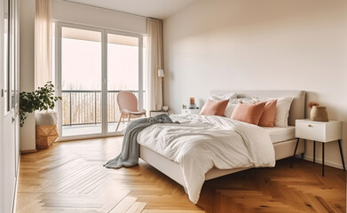 Fototapeta na wymiar Comfortable bed with blanket in light bedroom near windows in modern apartment. Generative AI
