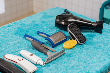 professional tools for grooming animals in the salon scissors comb trimmer claw cutter brush hair...