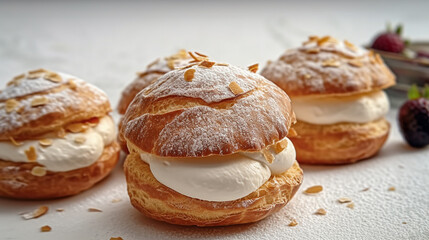 Obraz na płótnie Canvas Generative AI image of Choux au Craquelin A delectable display of choux pastry puffs, their crackling sugar-coated shells encasing a luscious cream filling. Pure culinary temptation awaits.