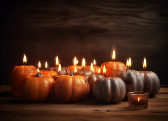 Halloween orange smiling pumpkins, burning wax candles on a dark wooden background, a place for text, Generative AI, generative artificial intelligence