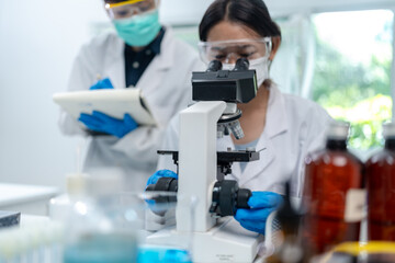 Chemical laboratory research with scientific tube and flask glassware equipment, science medicine liquid experiment test on Chemistry, Biotechnology, or Biology for business medicals development