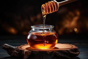 Honey jar with wooden honey dipper on wooden table. Generative AI - obrazy, fototapety, plakaty