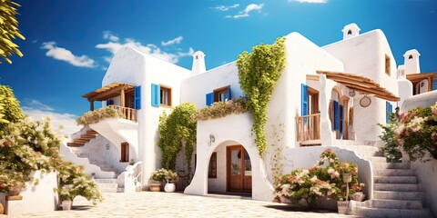 Traditional mediterranean shabby chic white house with pool on hill with stunning sea view. Summer vacation background.
