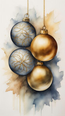 Watercolor painting of gold and silver Christmas balls in a portrait orientation. AI generated.