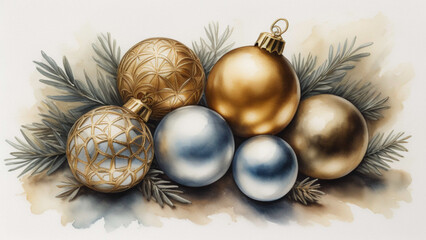 Watercolor painting of gold and silver Christmas balls in a landscape orientation