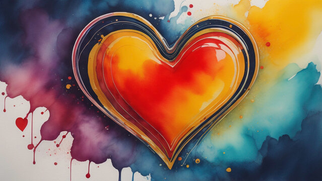 Watercolor painting of a multicolored Valentine heart.  AI generated.