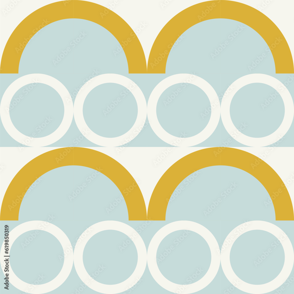 Poster Simple geometric seamless pattern. Modern abstract background with circle, semi circle, square, rectangle stripe shapes in pastel colors.