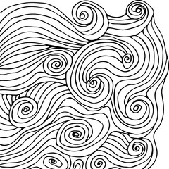 Simple minimalist wave pattern. Hand drawn graphic line art. Modern abstract  landscape. Monochrome black and white curly doodles