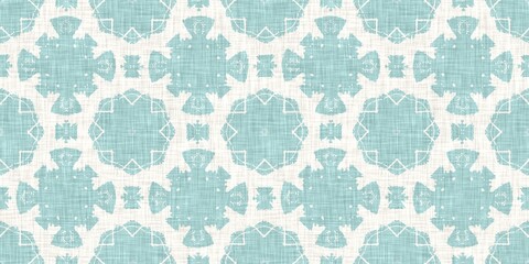 Aqua teal blue white vibrant watercolor batik azulejos tile border banner background. Seamless coastal blur linen effect geometric mosaic effect.Boho Patchwork nautical masculine summer ribbon trim. 