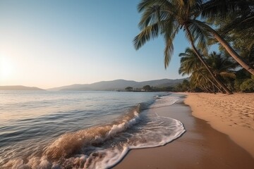 Tropical beautiful beach with waves and palm trees at dawn.