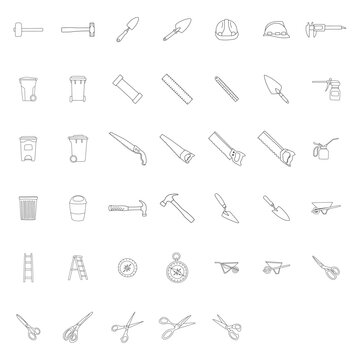 Doodle hand drawn Outline web icons set - building, construction and home repair tools