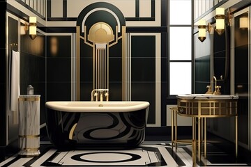 Luxury dark themed bathroom with a black bathtub created using generative AI