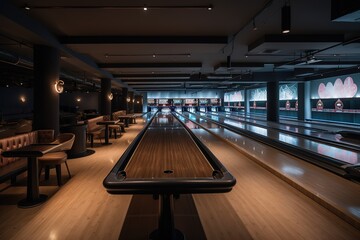 The bowling ball is ready to strike. Modern bowling room waiting for visitors, balls on bowling alley