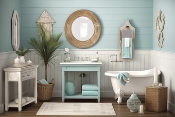 A serene Coastal Bathroom featuring sea grass textures and rattan accents, generative ai