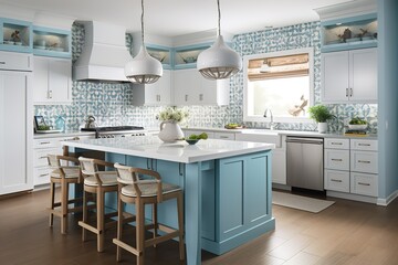 Fototapeta premium White and blue wooden rural dining table. Kitchen, pendant lighting, window. Scandinavian bohemian decor,. Generative AI