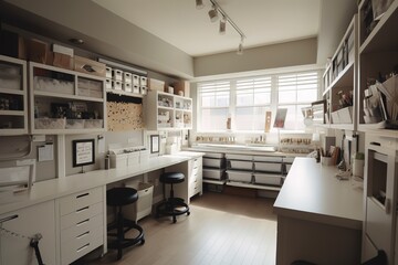 A room filled with lots of paintings and a window. AI generative