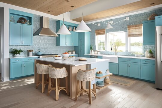 White and blue wooden rural dining table. Kitchen, pendant lighting, window. Scandinavian bohemian decor,. Generative AI