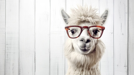 Portrait of cute lama alpaca in trendy transparent glasses  on the wooden rustic white background with copy space