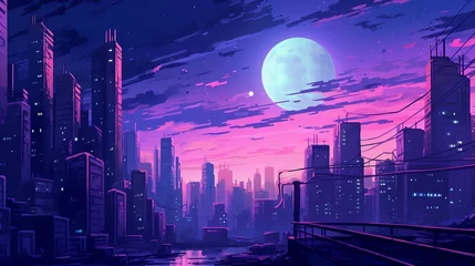 Fotobehang AI, purple view of futuristic city © Asurian
