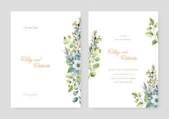Wedding invitation in the botanical style. Colorful flowers on a white background. Background for the invitation, shop, beauty salon, spa.