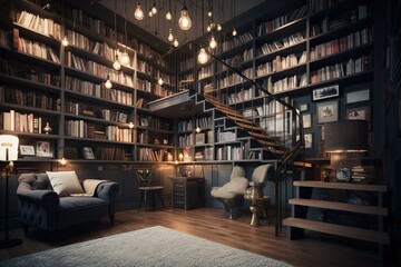 Home Library: Create a set of images that showcase a grand, sophisticated home library. Generative AI