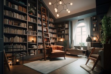 Home Library: Create a set of images that showcase a grand, sophisticated home library. Generative AI