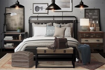 A rustic Industrial Chic Bedroom with metal pipe accents and antique brass lighting, showcasing a reclaimed wood headboard and a vintage rug, generative ai