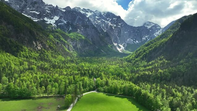 Logar Valley (Logarska dolina) in the Kamnik Savinja Alps in Slovenia during a beautiful springtime day.