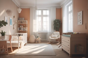 Fototapeta na wymiar Contemporary kid room with beautiful furniture and accessories. Generative AI