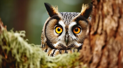 Hidden portrait of Long-eared Owl with big orange eyes behind larch tree trunk. Hide and seek with cute little owl. Generative AI - obrazy, fototapety, plakaty