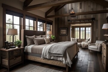 Interior design of a cozy and rustic bedroom having natural materials like wood and stone. Generative A