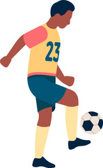 Soccer player in kit hitting ball with foot in air