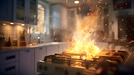 キッチンで火災、住宅火災｜Fire in the kitchen, residential fire.Generative AI - obrazy, fototapety, plakaty