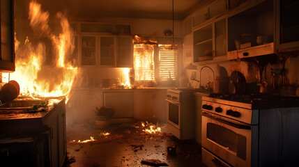 キッチンで火災、住宅火災｜Fire in the kitchen, residential fire.Generative AI