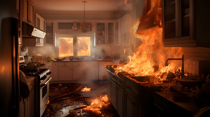 キッチンで火災、住宅火災｜Fire in the kitchen, residential fire.Generative AI - obrazy, fototapety, plakaty