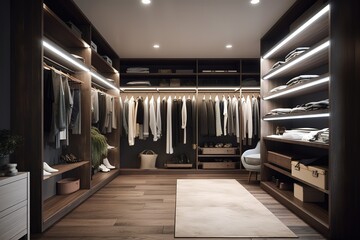 white bedroom with cushions make up table walk in closet and large windows Generative AI