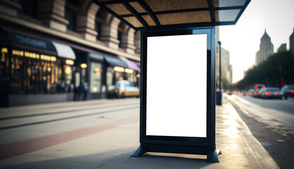 Mockup of Blank digital signboard on roadside, Empty signboard in city, Marketing advertisement placement for you poster, Blank Billboard poster on bus stop, generative ai - obrazy, fototapety, plakaty