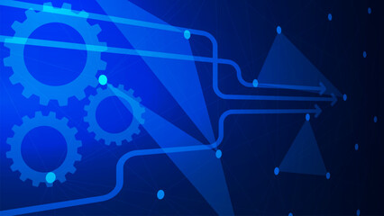 Business process management system concept with gears, arrow and plexus on dark blue background.