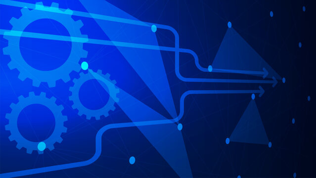 Business process management system concept with gears, arrow and plexus on dark blue background.
