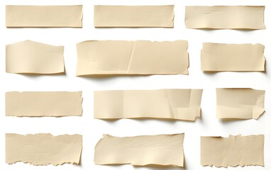 Highly detailed beige ripped paper tapes, set of cut-out collage materials, ideal for text, isolated on white background, PNG, Generative AI, Generative, KI