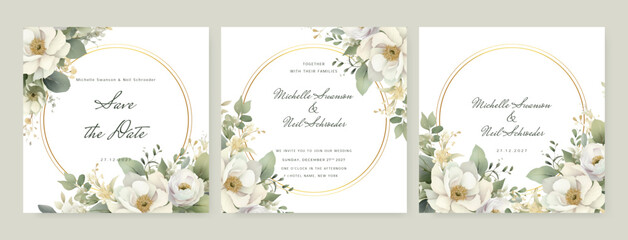 Floral watercolor wedding invitation template. Colorful leave and flower background. Greeting card.