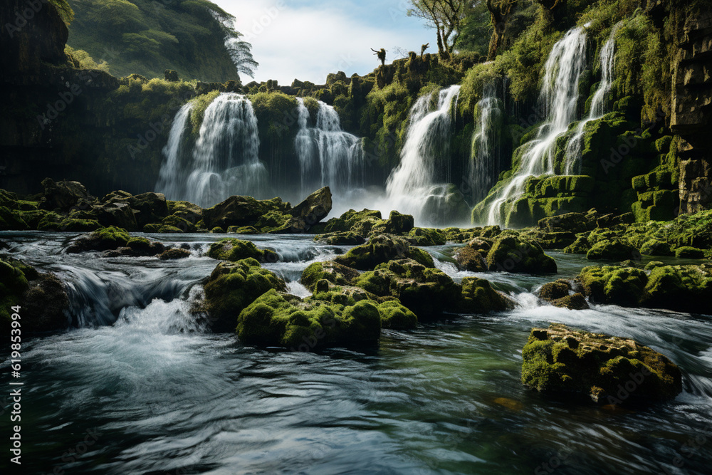 Aufkleber a stunning time-lapse video showcasing the power and majesty of a cascading waterfall. generative ai