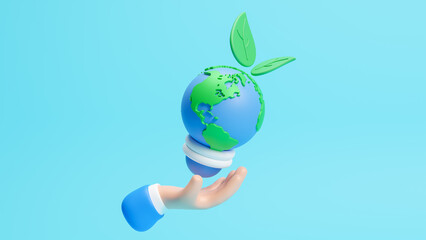 3D cartoon hand holding green seedlings and earth planet, environmentally friendly sources of energy. ecology concept. Sustainability and alternative energy sources. 3d rendering Illustration