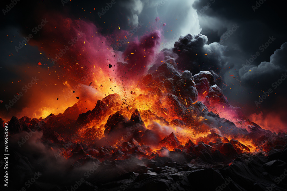 Poster a photo art piece that captures the dynamic and ever-changing nature of volcanic eruptions. generati