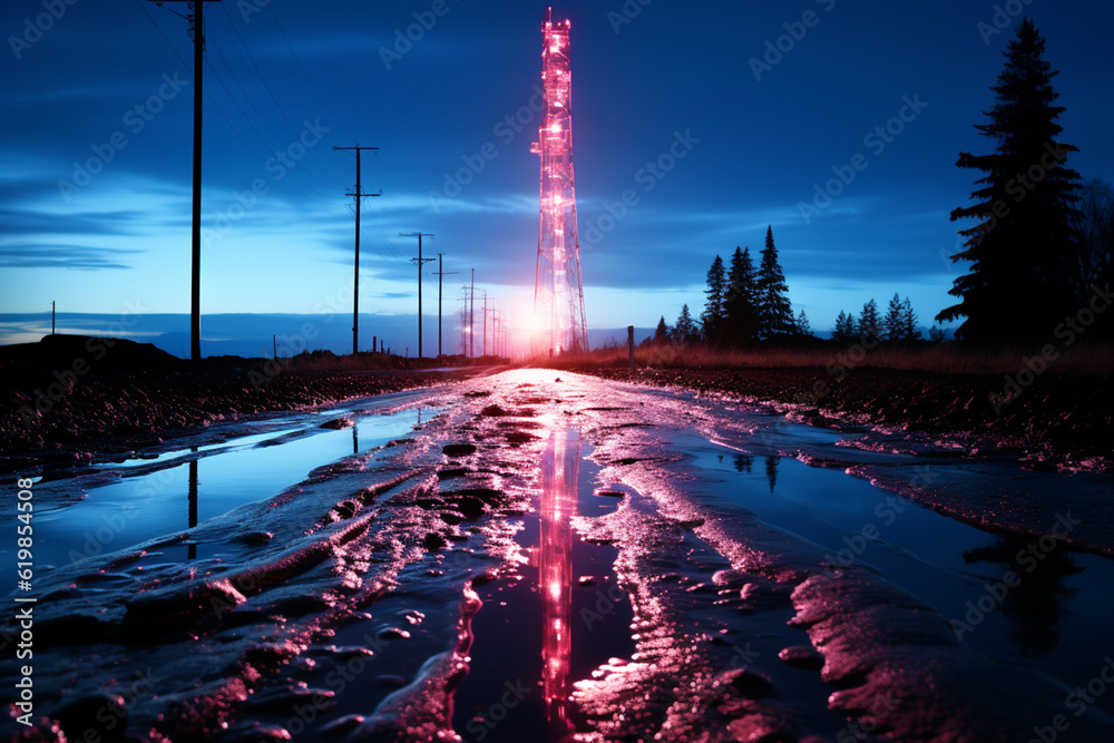 Poster An experimental photography project that captures the light trails created by passing cars around a light pole. Generative AI.